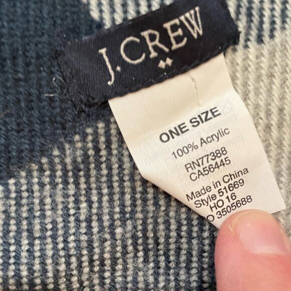 J. Crew Scarf Wrap Womens Unisex Blue Tan Plaid Check Knit Tartan Preppy - Picture 5 of 5
